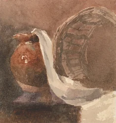 Csendélet agyagkancsóval és törött kosárral